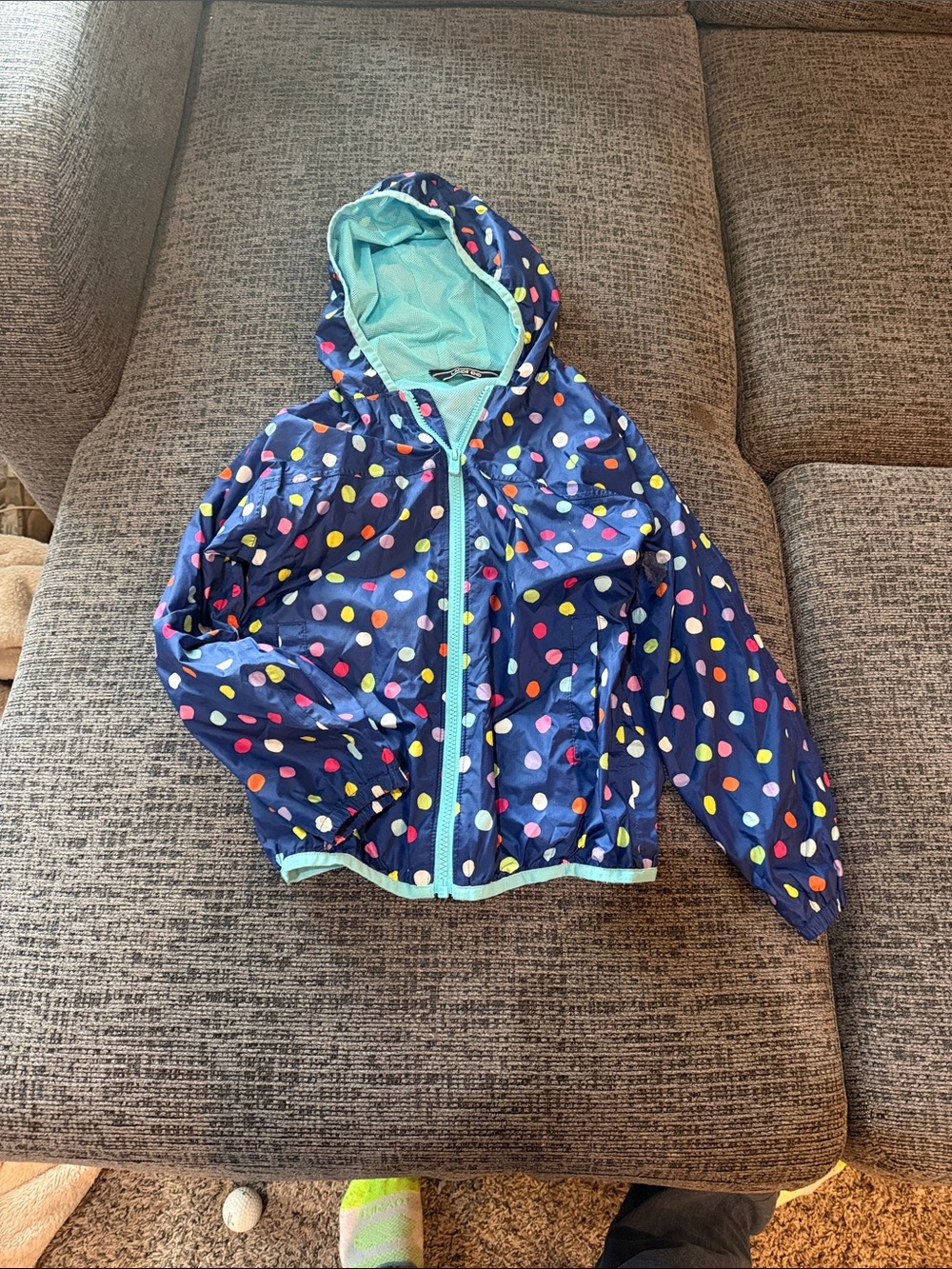 Lands' End Navy Polka Dot Hooded Windbreaker with Mint Trim